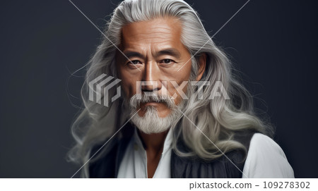 Portrait of an elderly handsome Asian senior man old with gray long hair, on a gray background, banner. 109278302