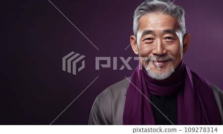Elegant smiling elderly Asian man with gray hair, on purple background, banner, copy space, portrait. 109278314
