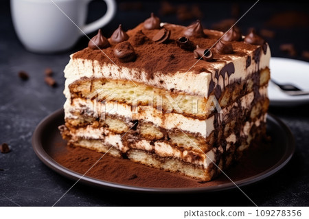 Tiramisu cake with Cocoa and coffee on black background 109278356