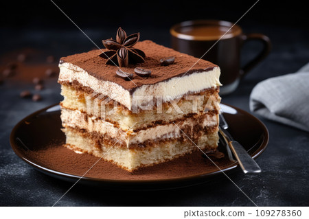 Tiramisu cake with Cocoa and coffee on black background Tiramisu cake with Cocoa and coffee on black background 109278360