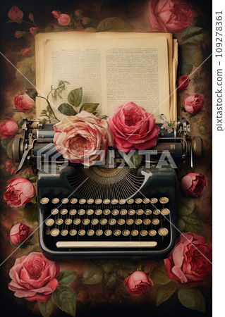 Happy Valentine's Day concept on vintage paper sheet with roses and typewriter Happy Valentine's Day concept on vintage paper sheet with roses and typewriter 109278361