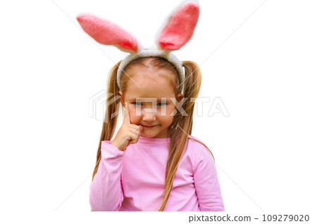 A funny laughing child in the guise of a rabbit on white bacground. The year according to the zodiac sign of the Eastern calendar. Easter Greeting poster 109279020