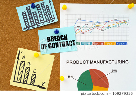 Business charts and stickers with the inscription hang on the board - BREACH OF CONTRACT 109279336