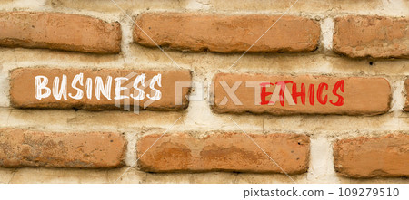 Business ethics symbol. Concept words Business ethics on beautiful brown brick wall. Beautiful brown brick wall background. Business ethics concept. Copy space. Business ethics symbol. Concept words Business ethics on beautiful brown brick wall. Beautiful brown brick wall background. Business ethics concept. Copy space. 109279510