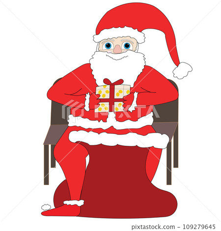 Christmas Santa Claus character sitting on a bench offering a present Christmas Santa Claus character sitting on a bench offering a present 109279645