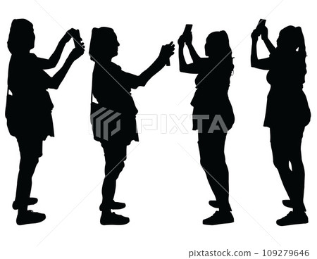 Four silhouettes of woman holding a mobile phone in her hands Four silhouettes of woman holding a mobile phone in her hands 109279646