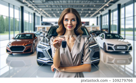 Beautiful smiling woman showing off her new car purchased in a showroom. Concept of car purchase. Generative AI. Beautiful smiling woman showing off her new car purchased in a showroom. Concept of car purchase. Generative AI. 109279766