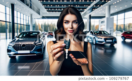 Woman presenting key to a new car in a car showroom with luxury vehicles. Generative AI. Woman presenting key to a new car in a car showroom with luxury vehicles. Generative AI. 109279767