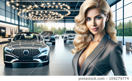 Attractive woman showing off her cars Concept of luxury Attractive woman showing off her cars. Concept of luxury. Generative AI. 109279774