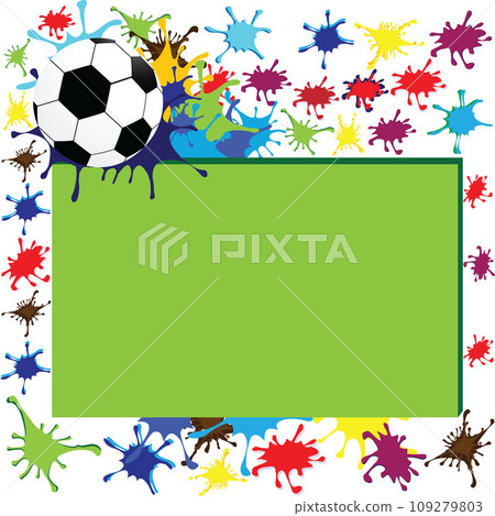 Sports invitation card with soccer ball and colorful splashes Sports invitation card with soccer ball and colorful splashes 109279803