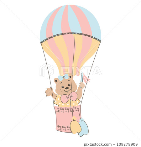 Cute cartoon teddy bear flies in a hot air balloon. Children's illustration, card, print, vector 109279909
