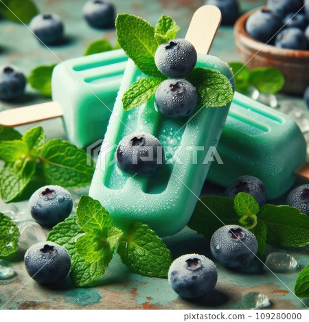 Homemade strawberry cherry banana blueberry ice cream green mint leaves on teal rustic table, frozen Homemade strawberry cherry banana blueberry ice cream green mint leaves on teal rustic table, frozen 109280000