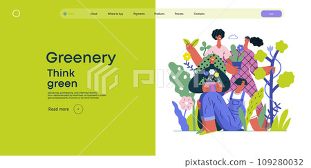 Greenery, ecology -modern flat vector concept illustration of people surrounded by plants and flowers. Metaphor of environmental sustainability and protection, closeness to nature Greenery, ecology -modern flat vector concept illustration of people surrounded by plants and flowers. Metaphor of environmental sustainability and protection, closeness to nature 109280032