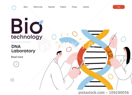 Bio Technology, DNA Laboratory -modern vector concept illustration of scientists dissecting DNA double helix, manipulating and rearranging fragments. Metaphor of advancements in agriculture, medicine 109280056