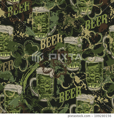 Green grunge camouflage pattern with beer, abstract paint splatter, smudges., brushstrokes, blots. Random chaotic composition for Patricks Day. Good for apparel, clothing, fabric, textile, sport goods 109280156
