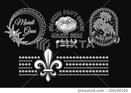 Carnival Mardi Gras labels with Fleur de Lis, holiday food, party streamers, strings of beads, text Vintage illustrations on black background For prints, clothing, t shirt, holiday goods, stuff design Carnival Mardi Gras labels with Fleur de Lis, holiday food, party streamers, strings of beads, text Vintage illustrations on black background For prints, clothing, t shirt, holiday goods, stuff design 109280160