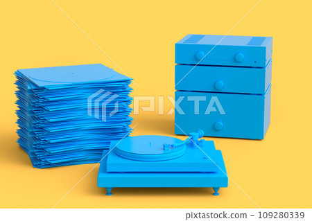 Set of Hi-fi speakers and DJ turntable with vinyl LP record on heap of covers 109280339