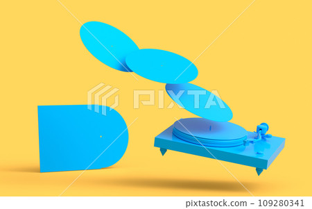 Set of Hi-fi speakers and DJ turntable with vinyl LP record on heap of covers 109280341