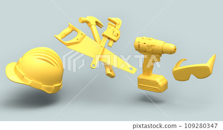 Flying view of monochrome construction tools for repair on grey background 109280347