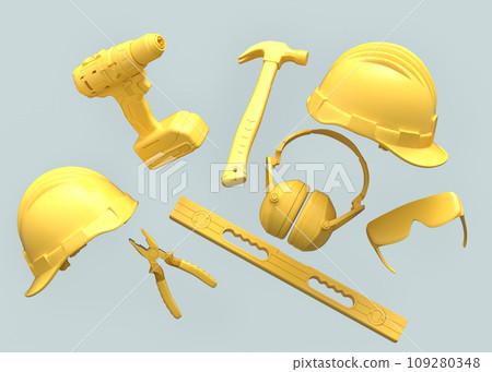 Flying view of monochrome construction tools for repair on grey background Flying view of monochrome construction tools for repair on grey background 109280348