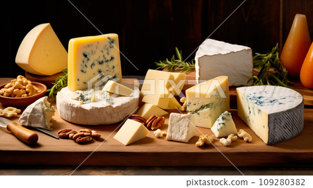 Traditional cheese platter with nuts, grapes and various types of cheese. Assortment of different snack for wine 109280382