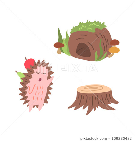Cartoon Character Hedgehog and Burrow Concept Element Flat Design Style. Vector illustration of Mascot 109280482