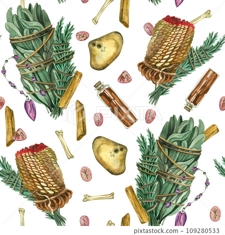 Seamless pattern. Items for fortune telling: crystal pendulum, herbs and candles for fumigation, stones with runes. Everything is hand painted in watercolors. Suitable for printing on fabric and paper Seamless pattern. Items for fortune telling: crystal pendulum, herbs and candles for fumigation, stones with runes. Everything is hand painted in watercolors. Suitable for printing on fabric and paper 109280533