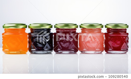 Glass jars with jam of different colors from different fruits. lined up, white background. Preservation and preparation, homemade healthy food. Sweet dessert. Home canning. Food blogging. Supermarket Glass jars with jam of different colors from different fruits. lined up, white background. Preservation and preparation, homemade healthy food. Sweet dessert. Home canning. Food blogging. Supermarket 109280540