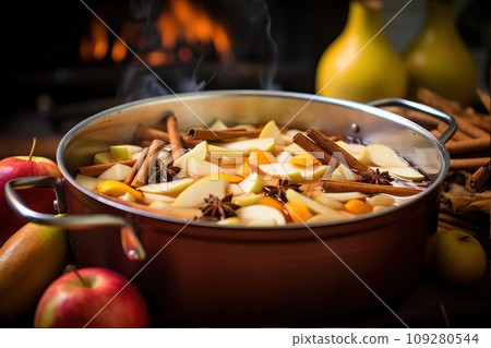 Making fruit compote. Ripe apples, pears, spices, cinnamon sticks and anise are boiled in a saucepan to create a fragrant fruit drink. A healthy drink made from boiled fruits. Food blogging Making fruit compote. Ripe apples, pears, spices, cinnamon sticks and anise are boiled in a saucepan to create a fragrant fruit drink. A healthy drink made from boiled fruits. Food blogging 109280544