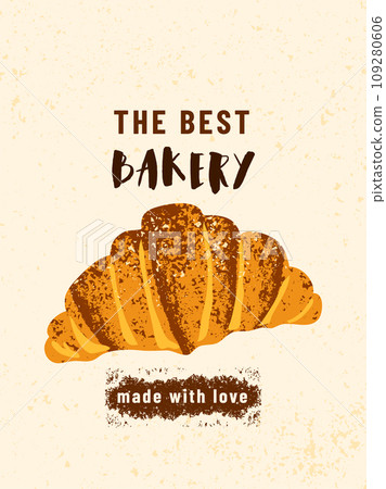 Bakery poster background vector illustration with baked product and fresh pastry. Croissant graphic design template with textured effect in modern flat style 109280606