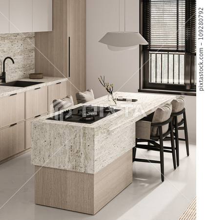 Chic modern kitchen interior with stone countertop island and bar stools, elegant 3d render Chic modern kitchen interior with stone countertop island and bar stools, elegant 3d render 109280792