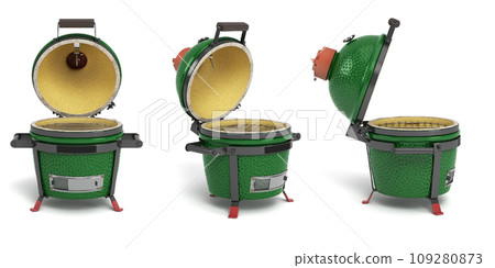 Set of Small barbecue green color BBQ grill with open lid for outdoor prepare meat food 3d illustration Set of Small barbecue green color BBQ grill with open lid for outdoor prepare meat food 3d illustration 109280873