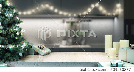 New year's decorated modern light kitchen showcase 3d render New year's decorated modern light kitchen showcase 3d render 109280877