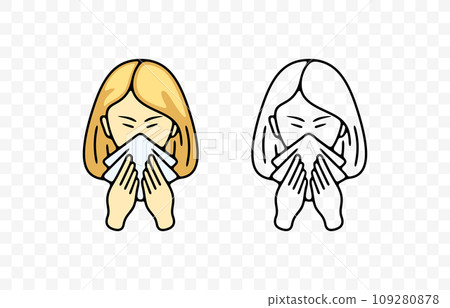 Sick girl or child blowing her nose or sneezing into handkerchief, graphic design. Disease, illness, sickness, virus and treatment, vector design and illustration 109280878