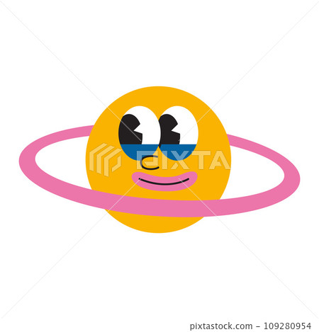 Funny planet Saturn emoji with ring, cartoon style, vintage groovy characters. Trendy modern vector illustration isolated on white background, hand drawn, flat design Funny planet Saturn emoji with ring, cartoon style, vintage groovy characters. Trendy modern vector illustration isolated on white background, hand drawn, flat design 109280954