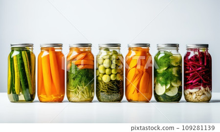 Home preservation, canning for the winter. 7 glass jars with canned vegetables Cucumbers, tomatoes, zucchini, asparagus, pumpkin, greens, dill, garlic, beets, herbs, spices. On white background. Food. 109281139