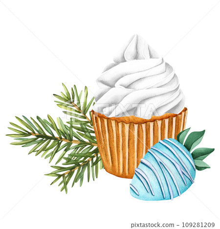 Cupcake with white cream and strawberry with glaze blue chocolate on fir tree branches background. Winter watercolor illustration of a winter dessert for postcards, banners, textiles, prints Cupcake with white cream and strawberry with glaze blue chocolate on fir tree branches background. Winter watercolor illustration of a winter dessert for postcards, banners, textiles, prints 109281209