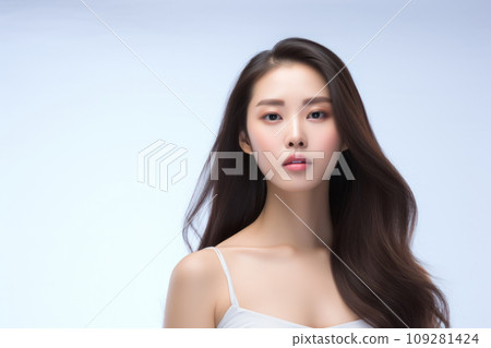 Young Asian beauty woman with long dark hair in white tank top with pastel Korean makeup and perfect skin on white background with copy space. For advertising, banner, poster. Self care concept 109281424