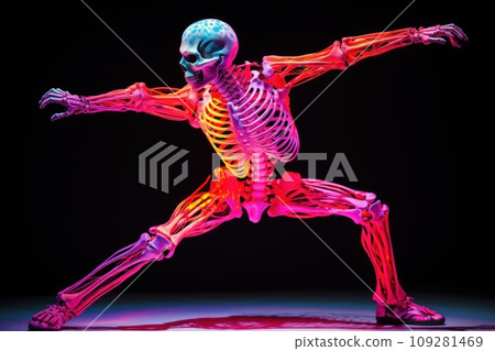 Human Skeleton dancer dancing in neon colors at a show performance. Modern break dancing performed by fashionable and stylish skeleton. Disco. 109281469
