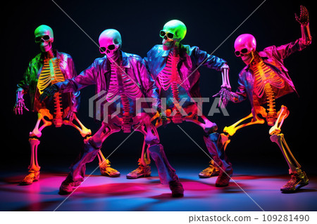 4 Human Skeleton dancers dance in neon colors at a show performance. Modern break dancing performed by fashionable and stylish skeletons. Disco. 109281490