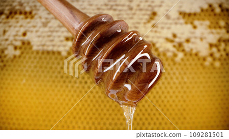 Organic honey flows from wooden dipper stick on honeycombs background. Wax cells 109281501