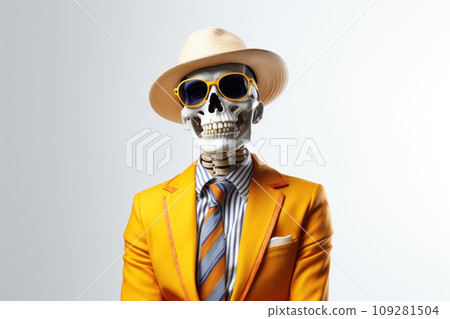 Fashionable human skeleton model in stylish clothes, glasses and hat in trendy colors posing. Glamorous male skeleton dressed in yellow golden clothes on a white background 109281504