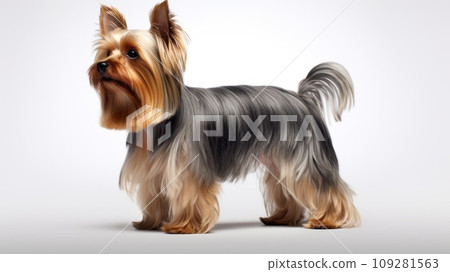 Full size purebred Yorkshire Terrier on white background. Pedigree dog. Puppy pet. For advertising, posters, banners, or promoting pet stores, dog care, grooming services, and veterinary clinics. Full size purebred Yorkshire Terrier on white background. Pedigree dog. Puppy pet. For advertising, posters, banners, or promoting pet stores, dog care, grooming services, and veterinary clinics. 109281563