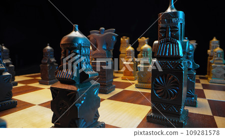 Slavic old styled chess pieces on wooden chessboard before party competition 109281578