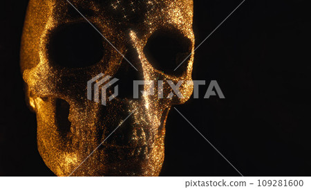 Golden skull rotates on black wall. Mystique,glamour style. Exploring life death Golden skull rotates on black wall. Mystique,glamour style. Exploring life death 109281600