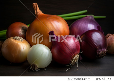 Different varieties of onions on black, vegetable background, purple, white, yellow onion, sweet onion, hot onion close-up, healthy food, wallpaper for advertising and packaging design 109281933