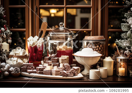 Intimate capture of a gourmet hot chocolate station, complete with a variety of premium chocolates, flavored syrups, and artisan marshmallows 109281995