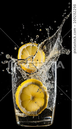 Realistic close-up of a hand squeezing a lemon into a glass of water Generative AI 109282298