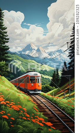 realistic A train in beautiful mountains by an oil painting, in the style of realistic swiss style Generative AI 109282325