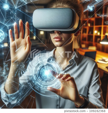 Metaverse technology concept. Woman with VR virtual reality goggles is working in the office. 109282368